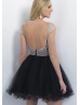 Black Tulle Beaded Scoop Neckline Backless Knee Length Prom Dress